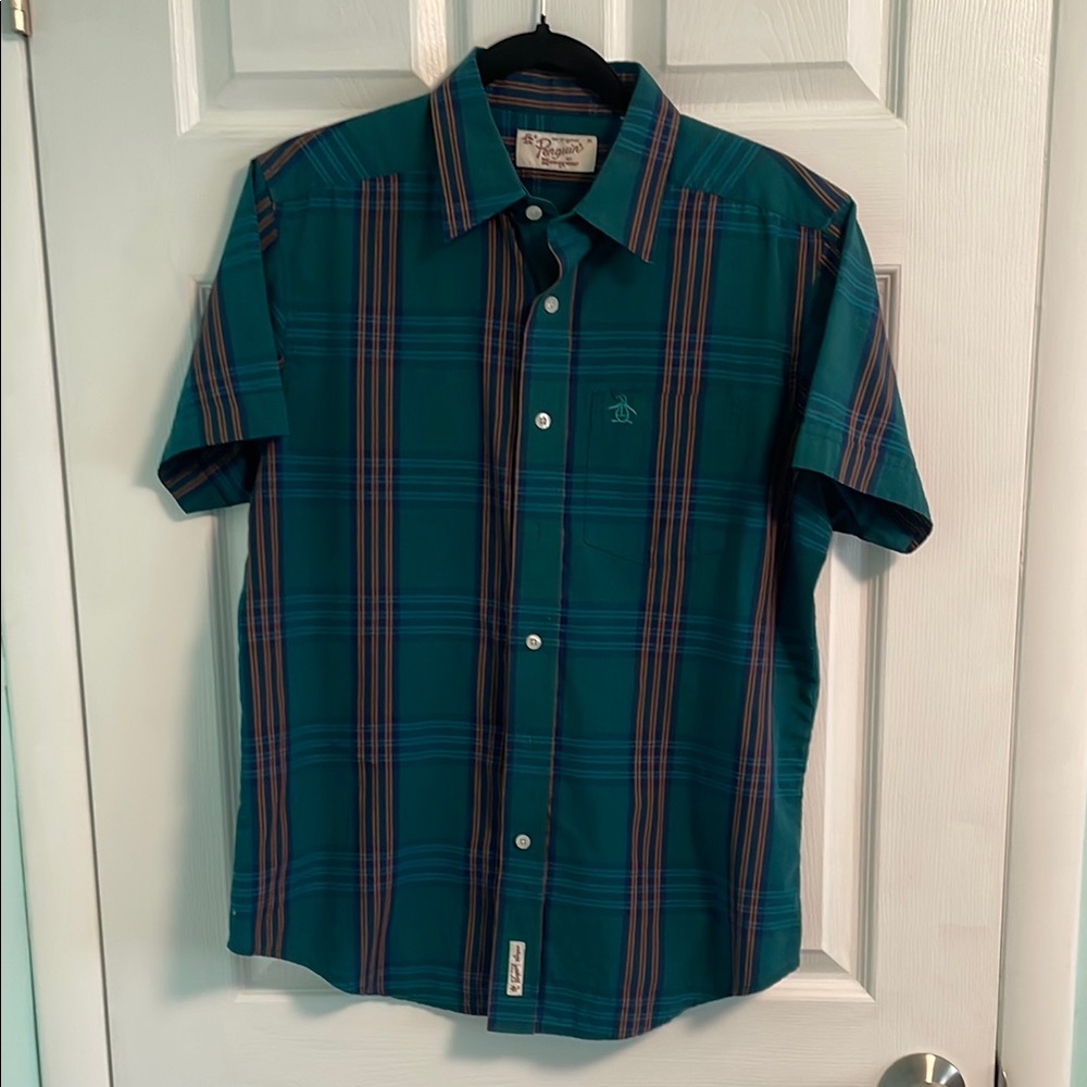 Original Penguin Men's Teal Plaid Shirt - Size M